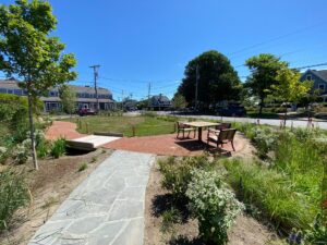 rain garden path and picnic tables